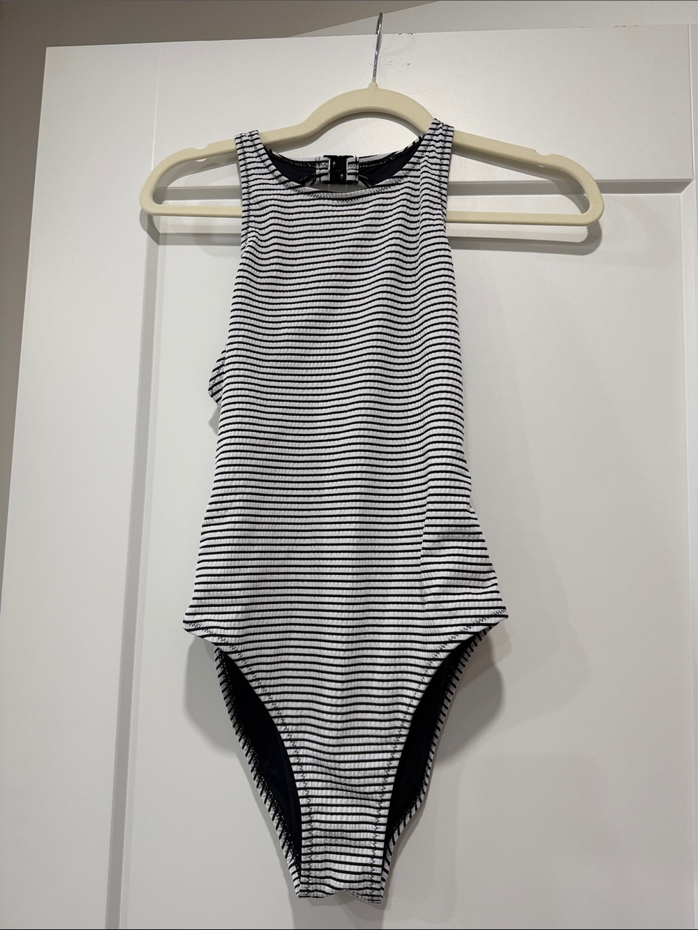 SOLID & STRIPED Black and White Striped One-Piece Swimsuit